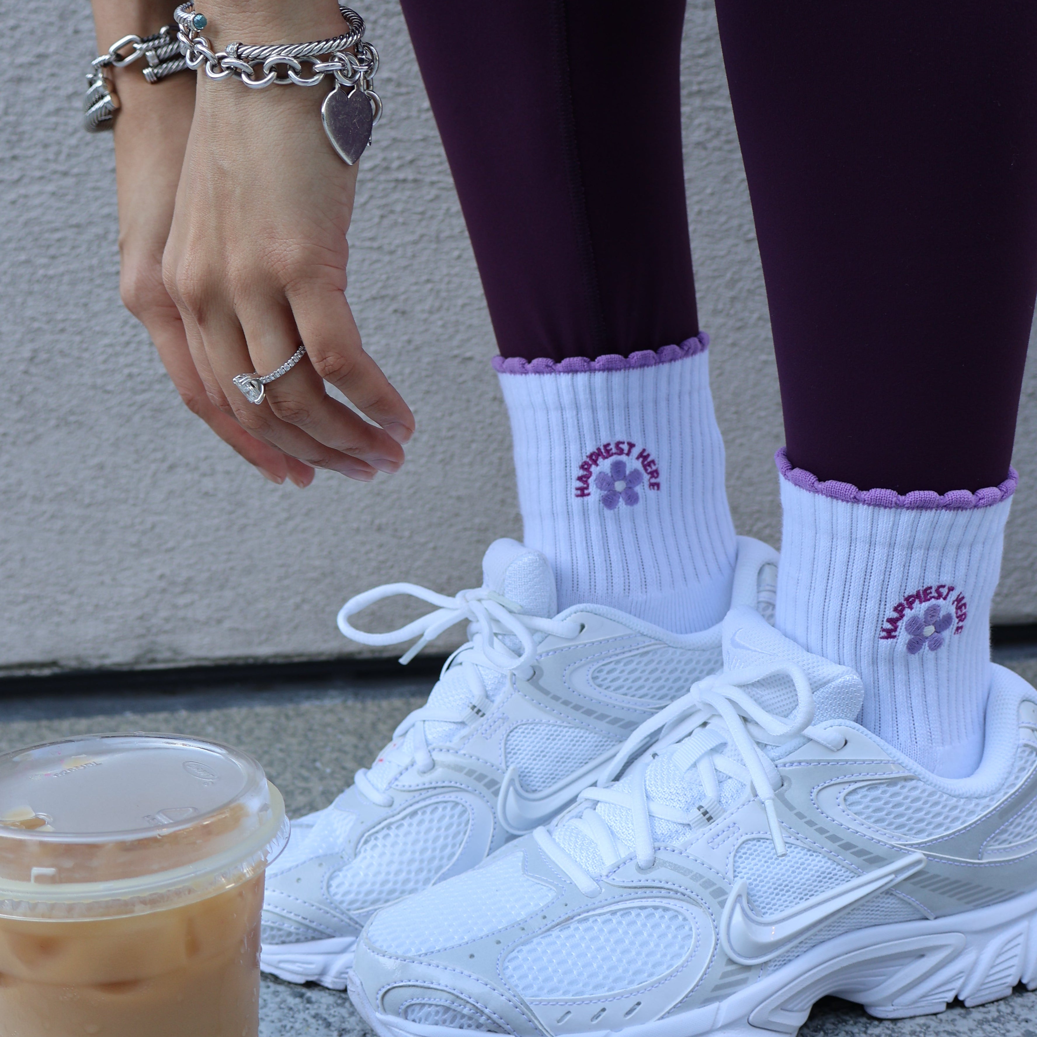 Happiest Here Grip Socks with Purple Ruffle