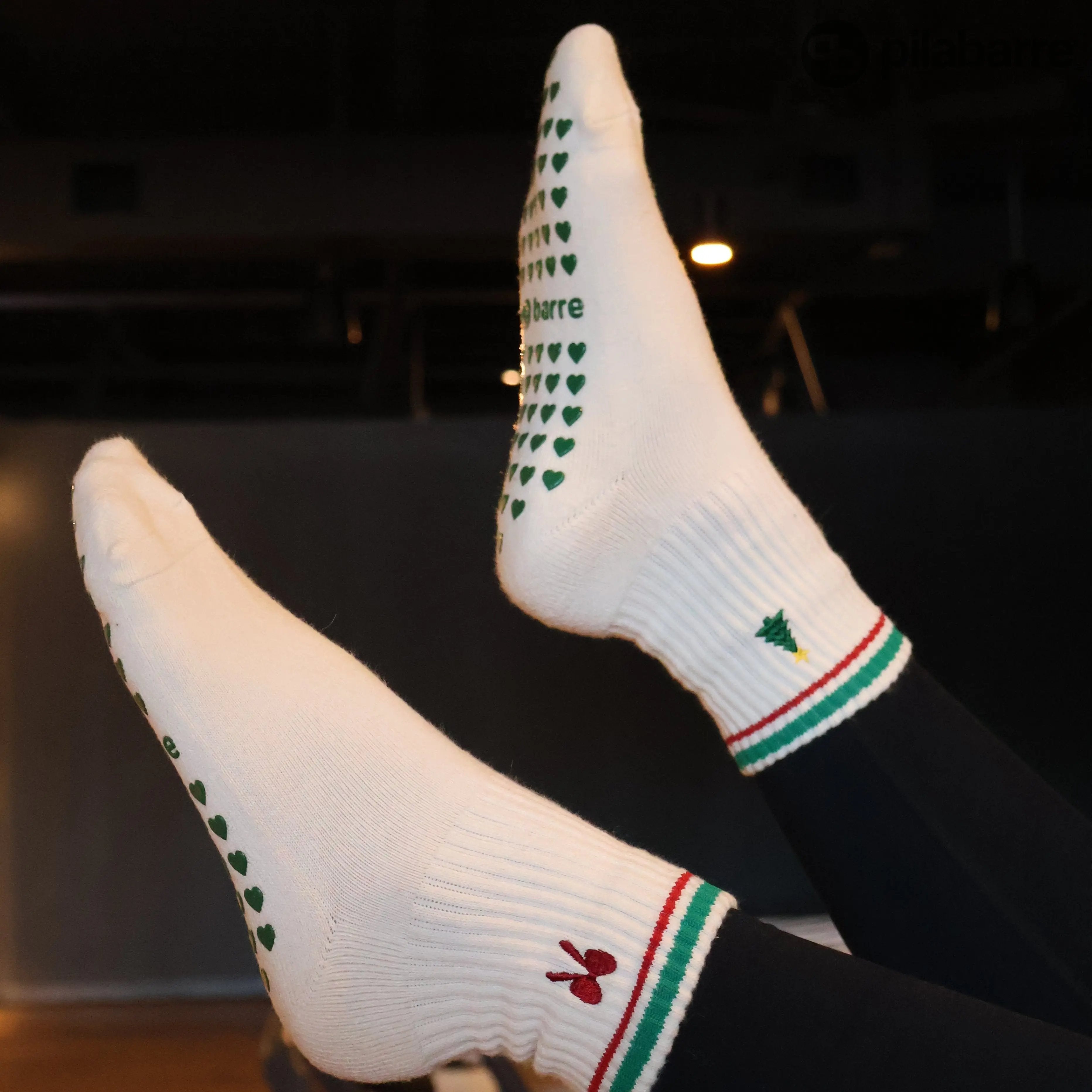 Christmas tree grip socks from pilabarre with red bow