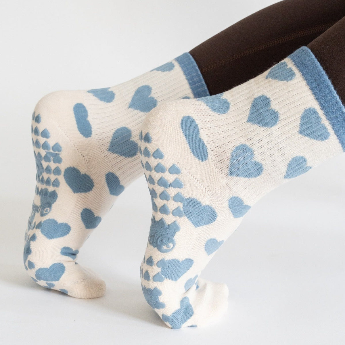 cream and blue heart pilates socks