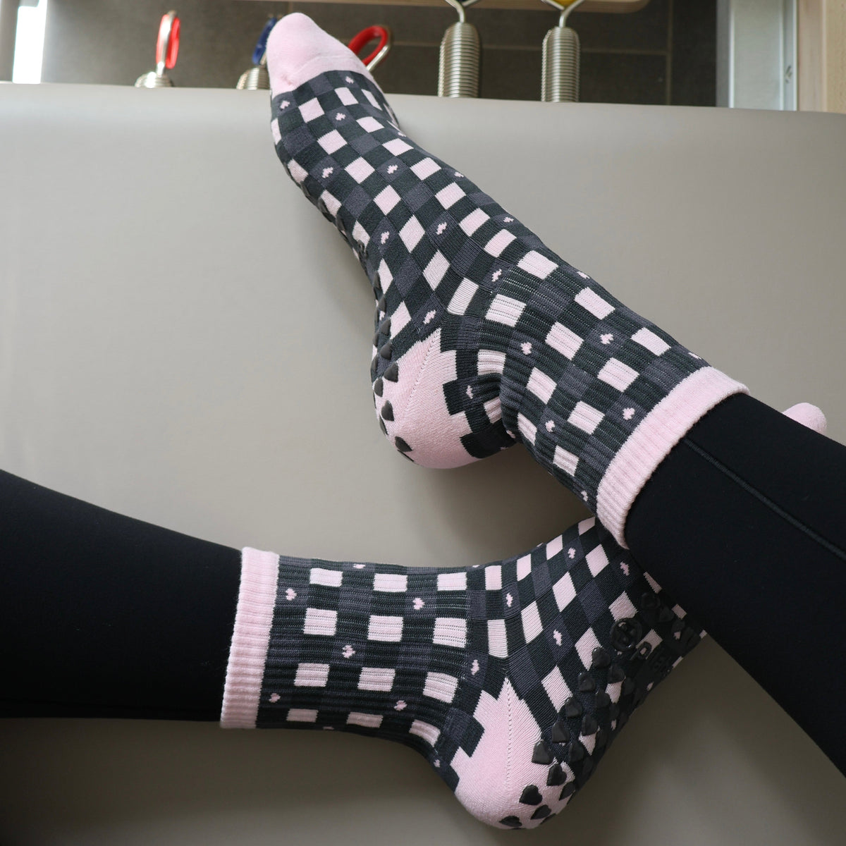 Pink Plaid Grip Socks for pilates