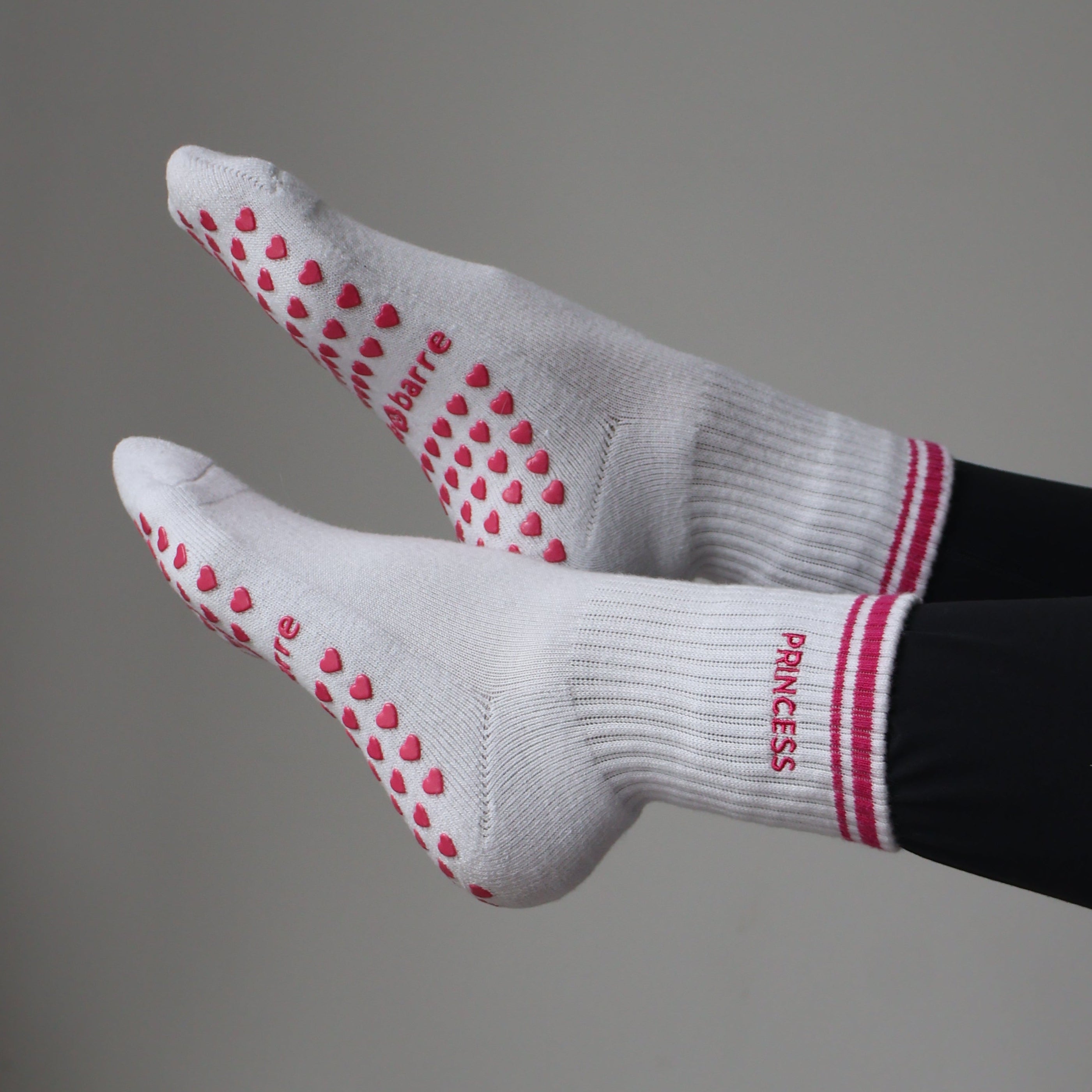 Princess Grip socks in white and pink for pilates