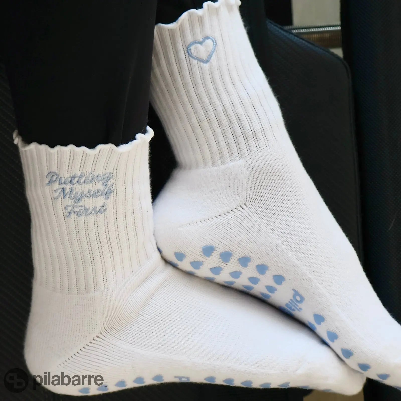 Cute Pilates Sock with Ruffle and Blue Details. Frill Pilates sock with Cursive Writting