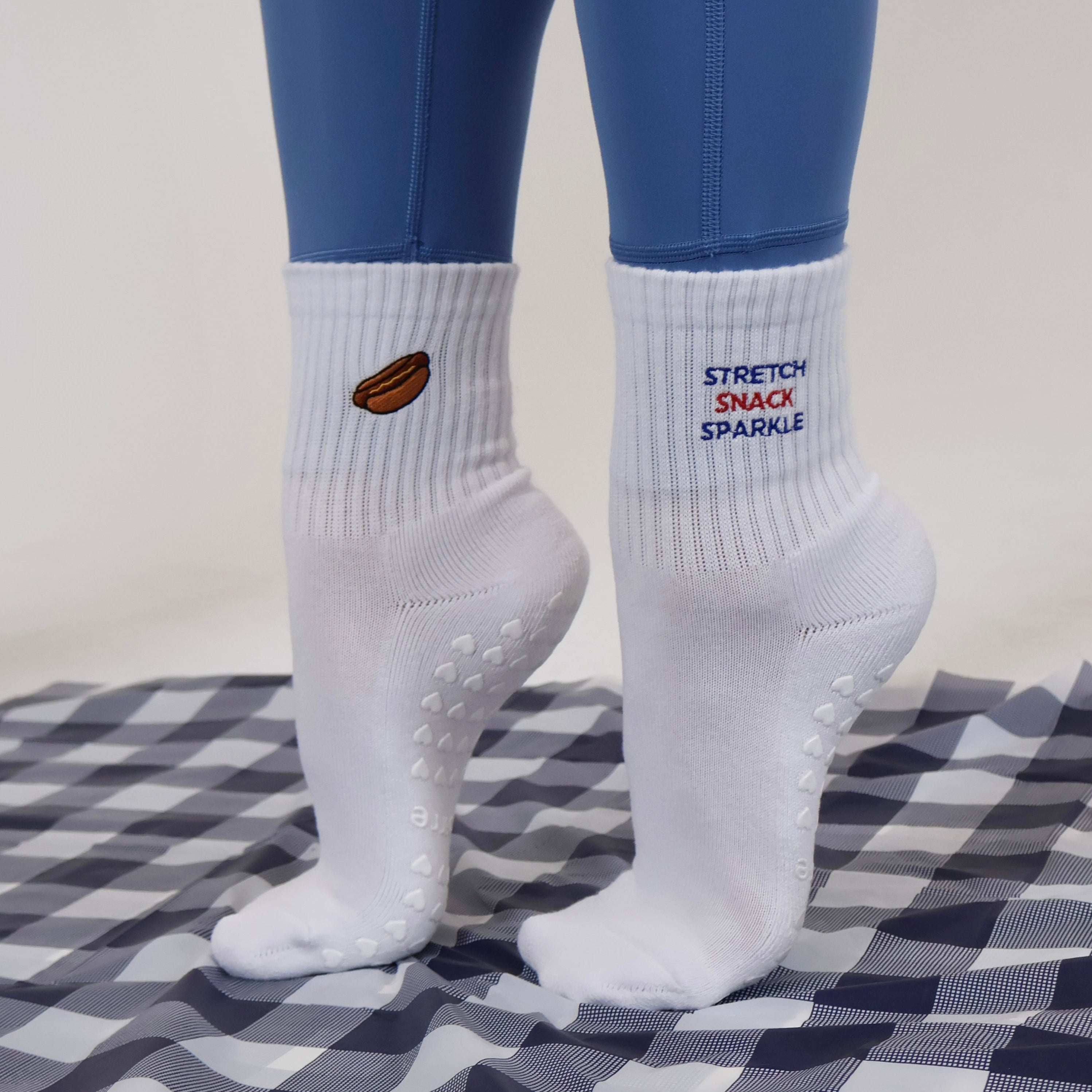 Stretch, Snack, Sparkle pilates socks with hotdogs