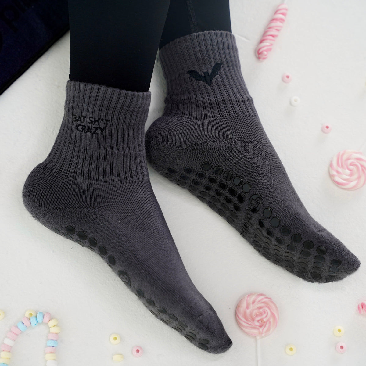 bat shit crazy grip socks for halloween