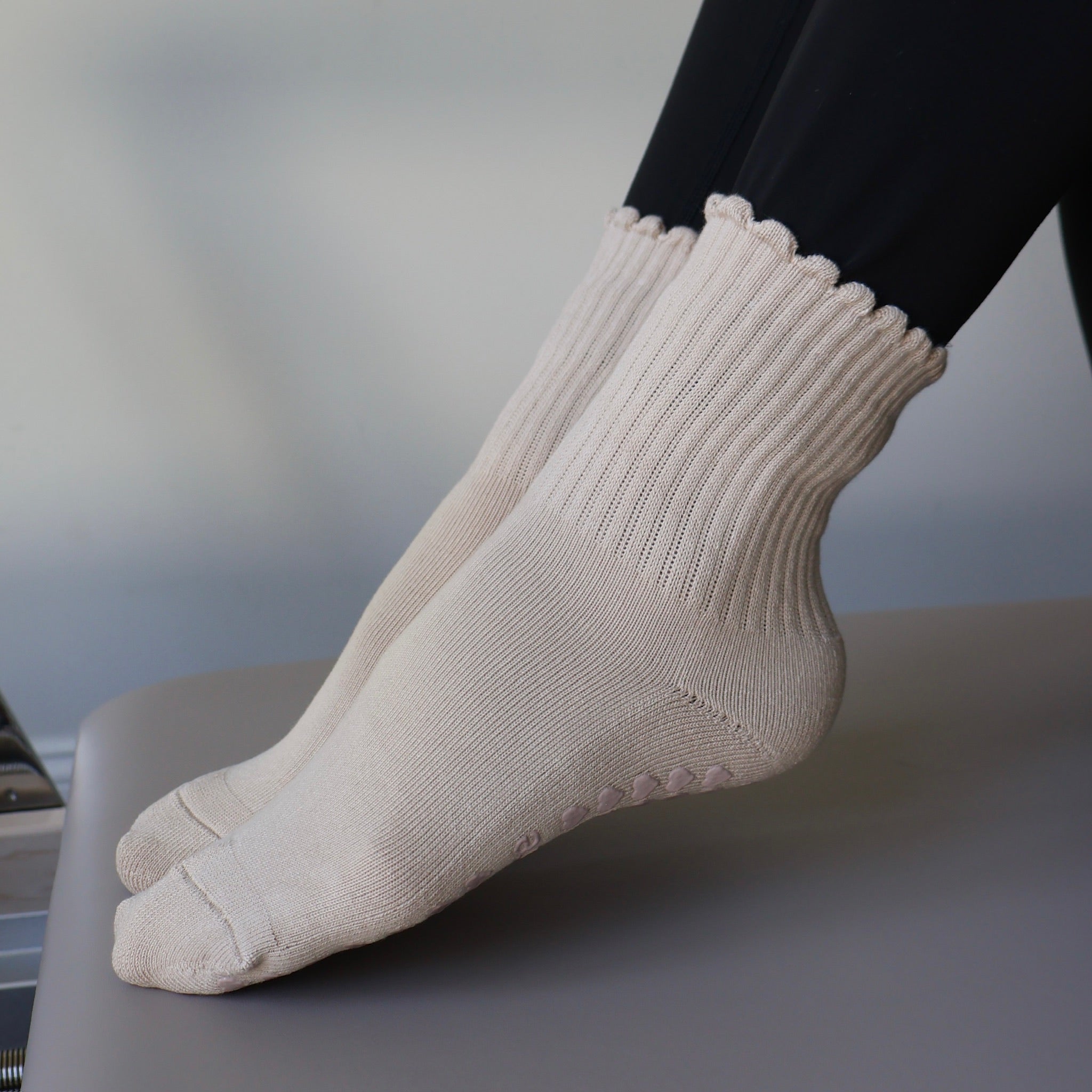 cream ruffle pilates barre yoga grip sock