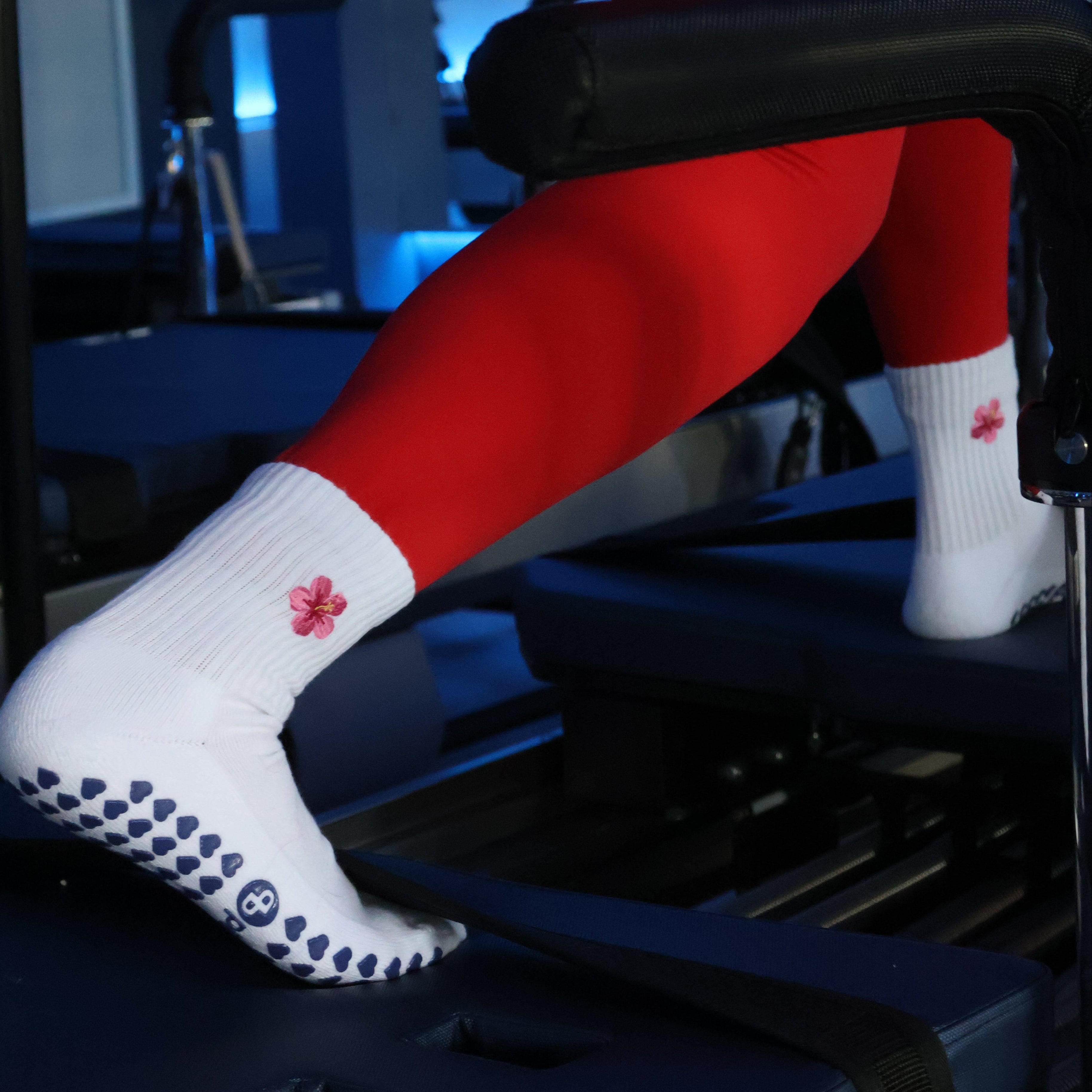 reformer pilates grip socks with hibiscus flowers