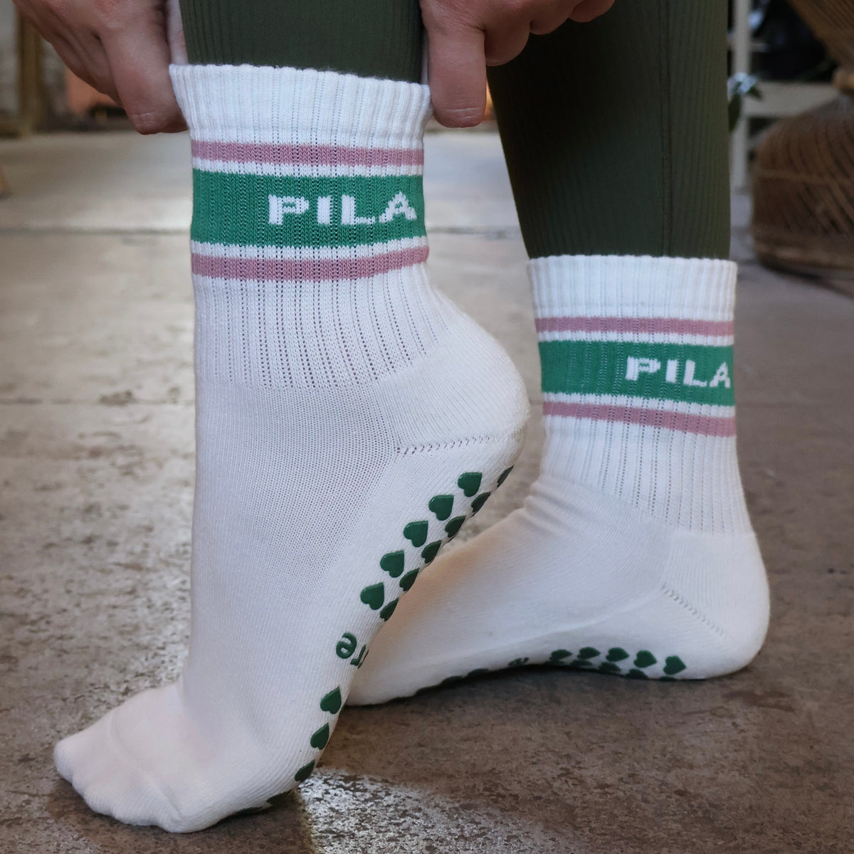 pila essential grip sock for pilates blush and green