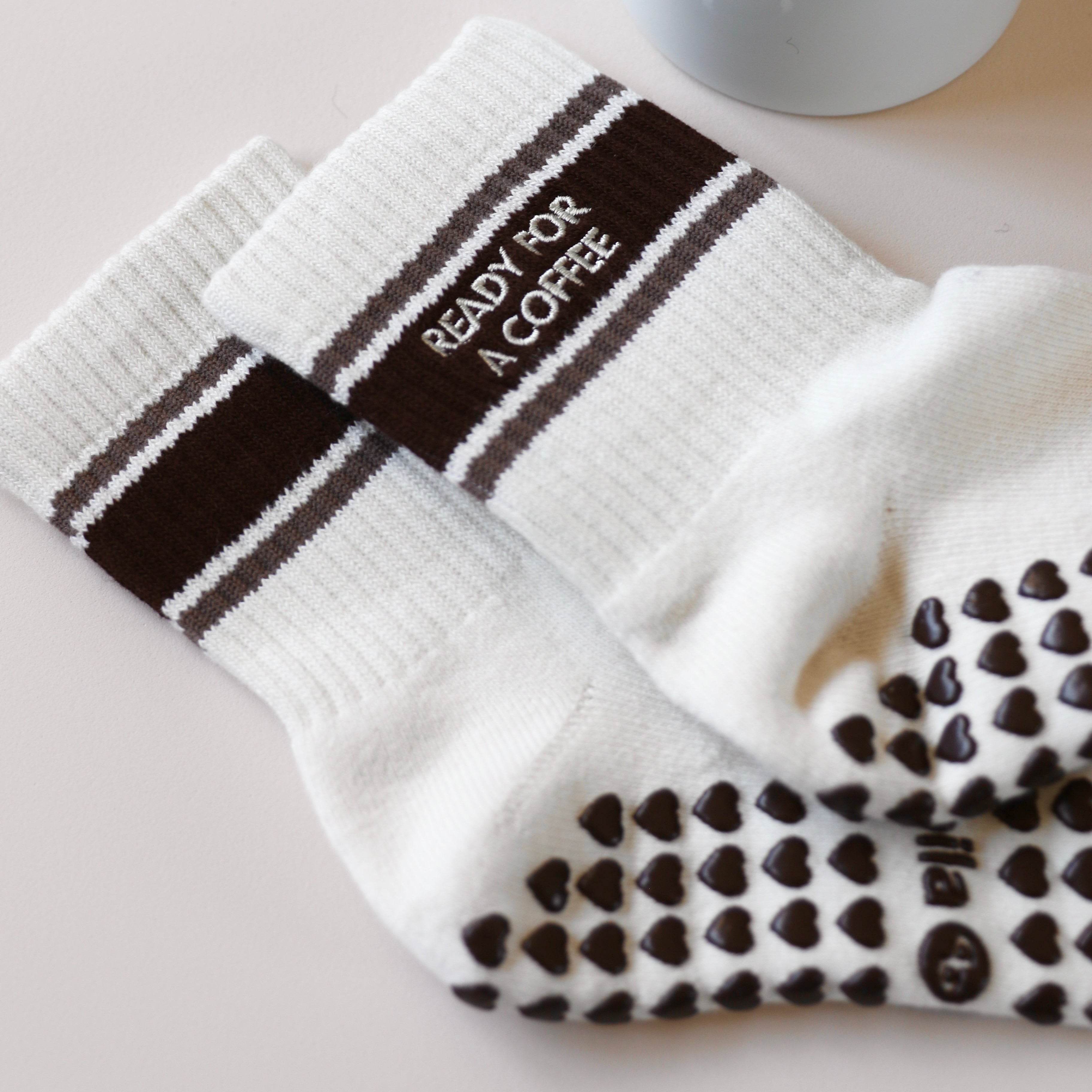 cute cream pilates socks coffee