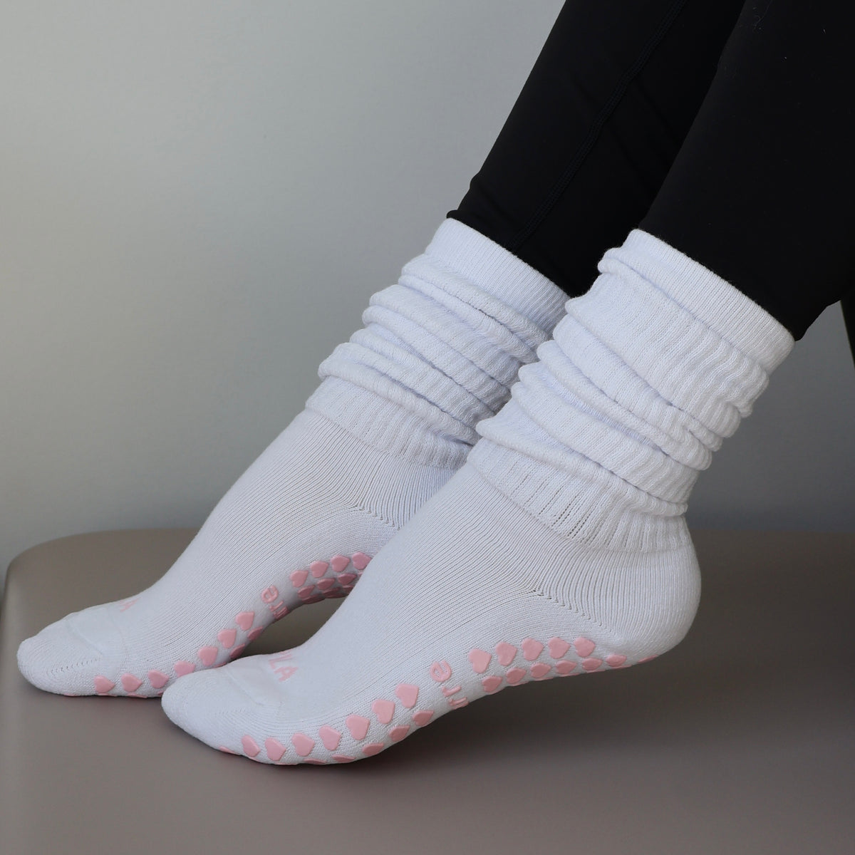 white scrunch grip socks for pilates