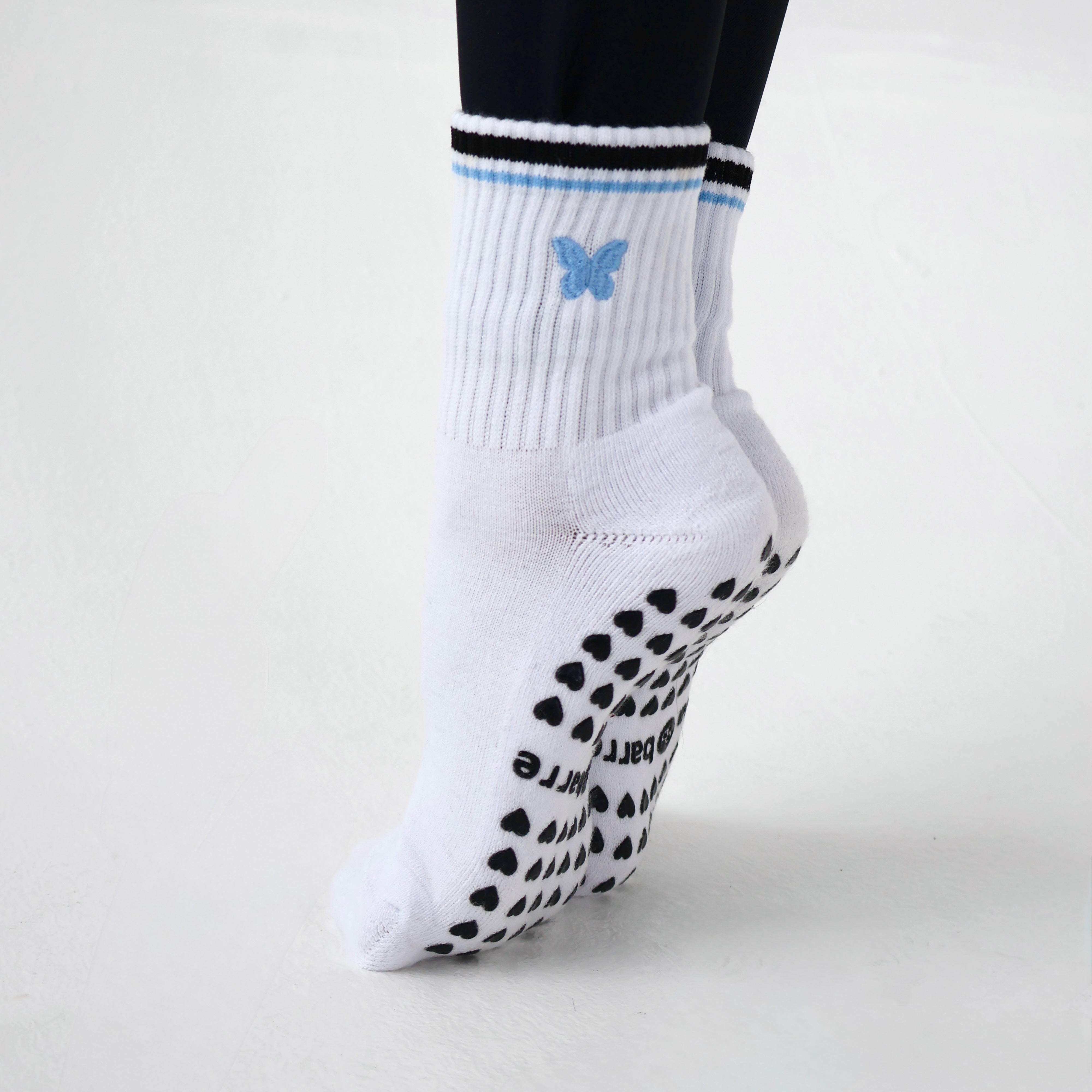 Blue butterfly pilates socks -pilabarre
