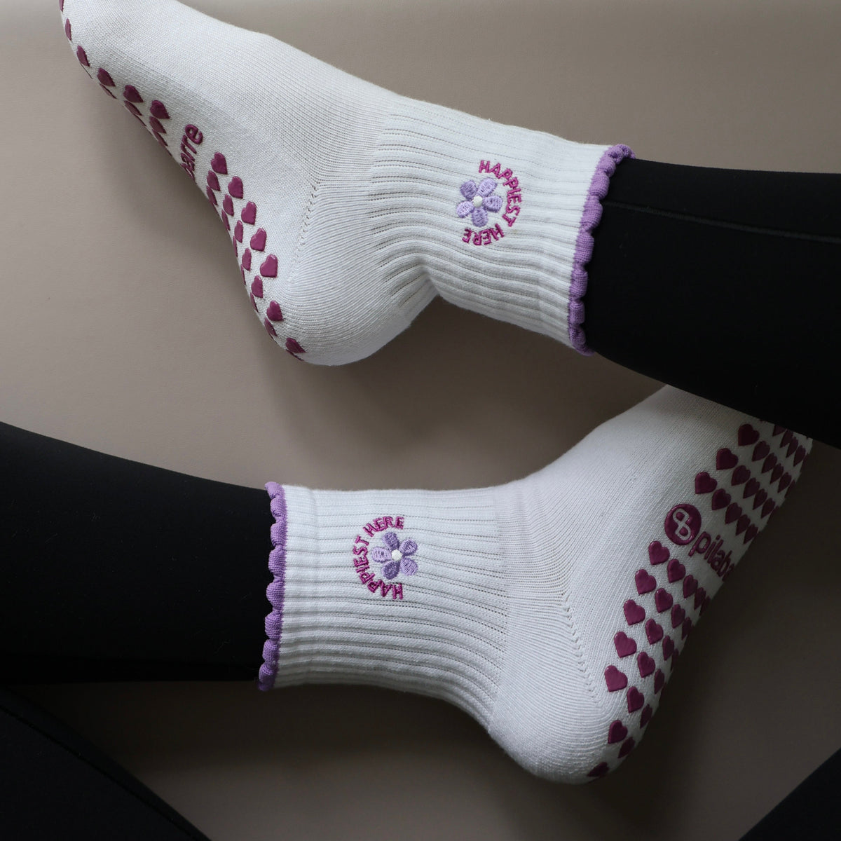 Happiest here grip socks in purple for pilates