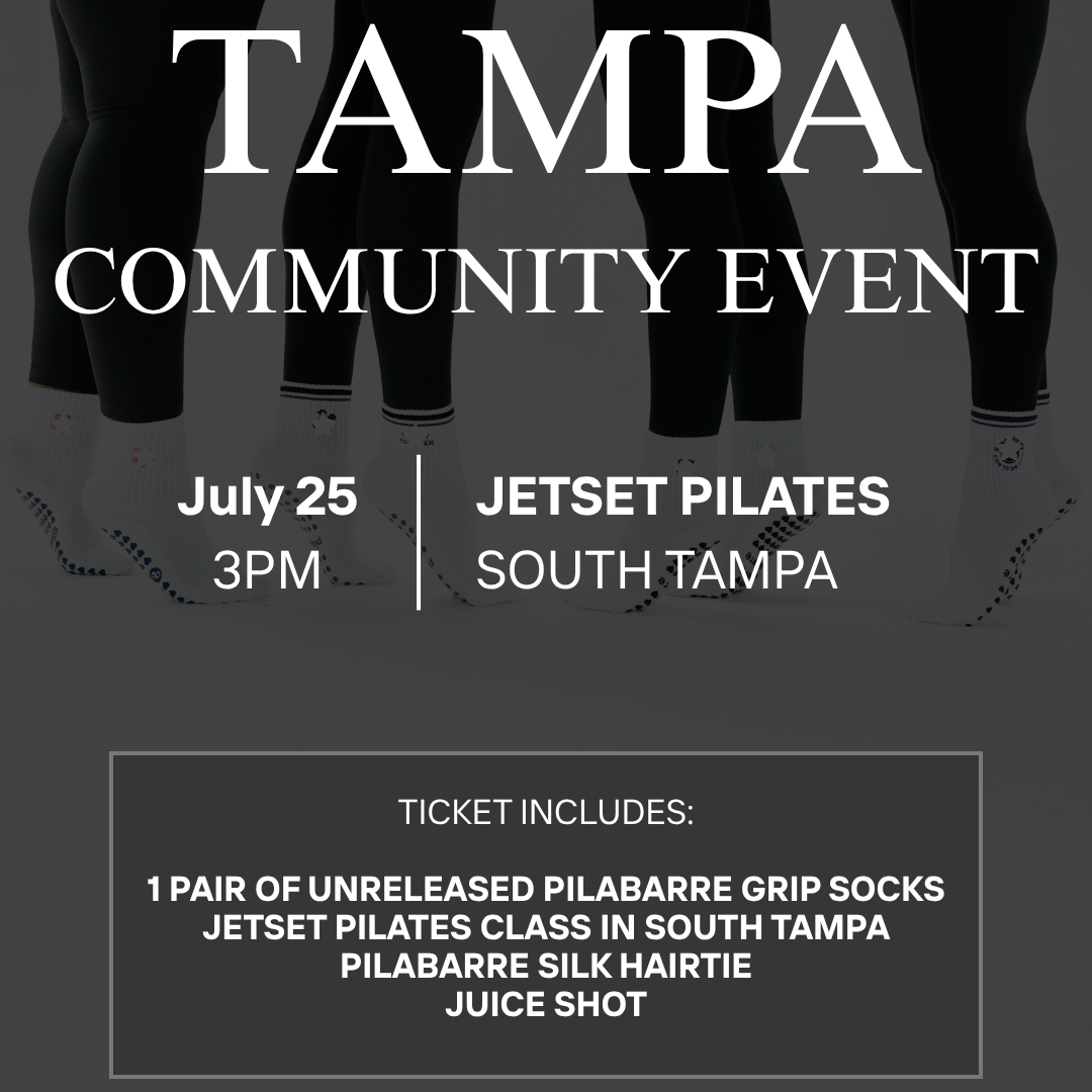 Promotional flyer for a Tampa Community Event featuring Pilabarre products. The design shows the Pilabarre logo at the top, a background of women in black leggings, and text for a July 25 Jetset Pilates class in South Tampa.