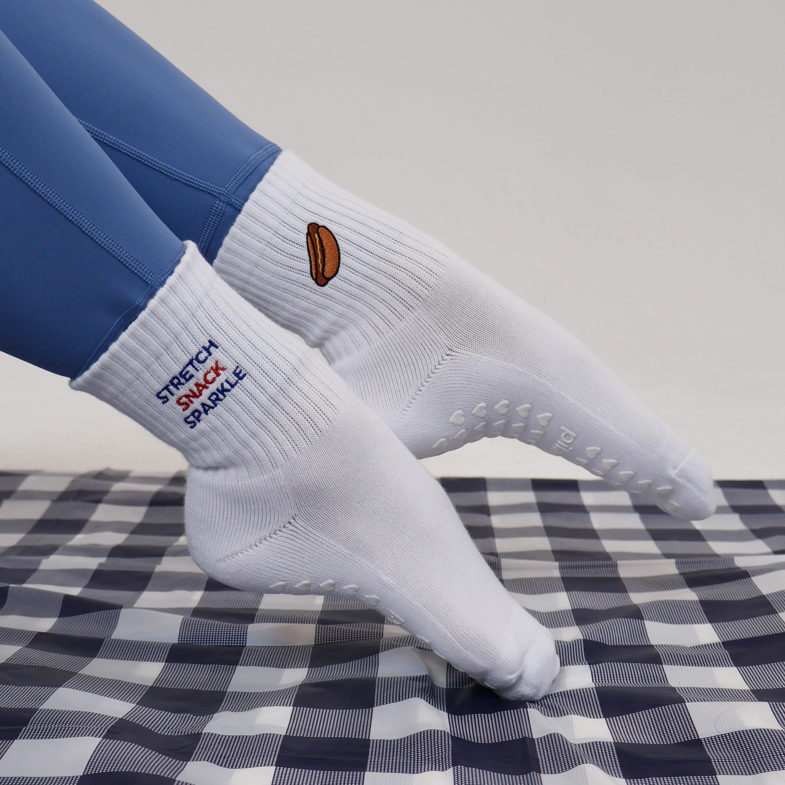 Stretch, Snack, Sparkle - hotdog grip socks