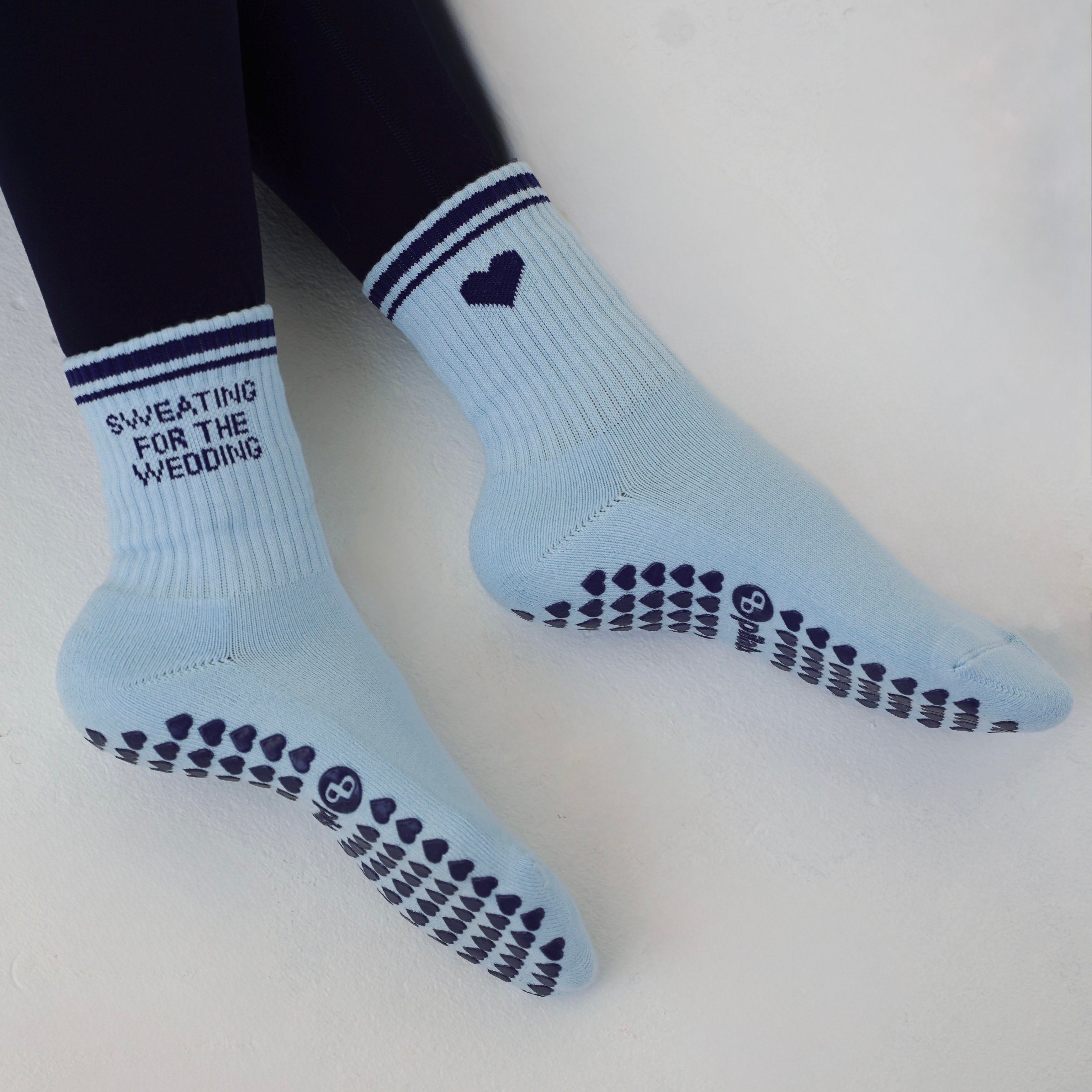 Sweating for the wedding barre socks in blue