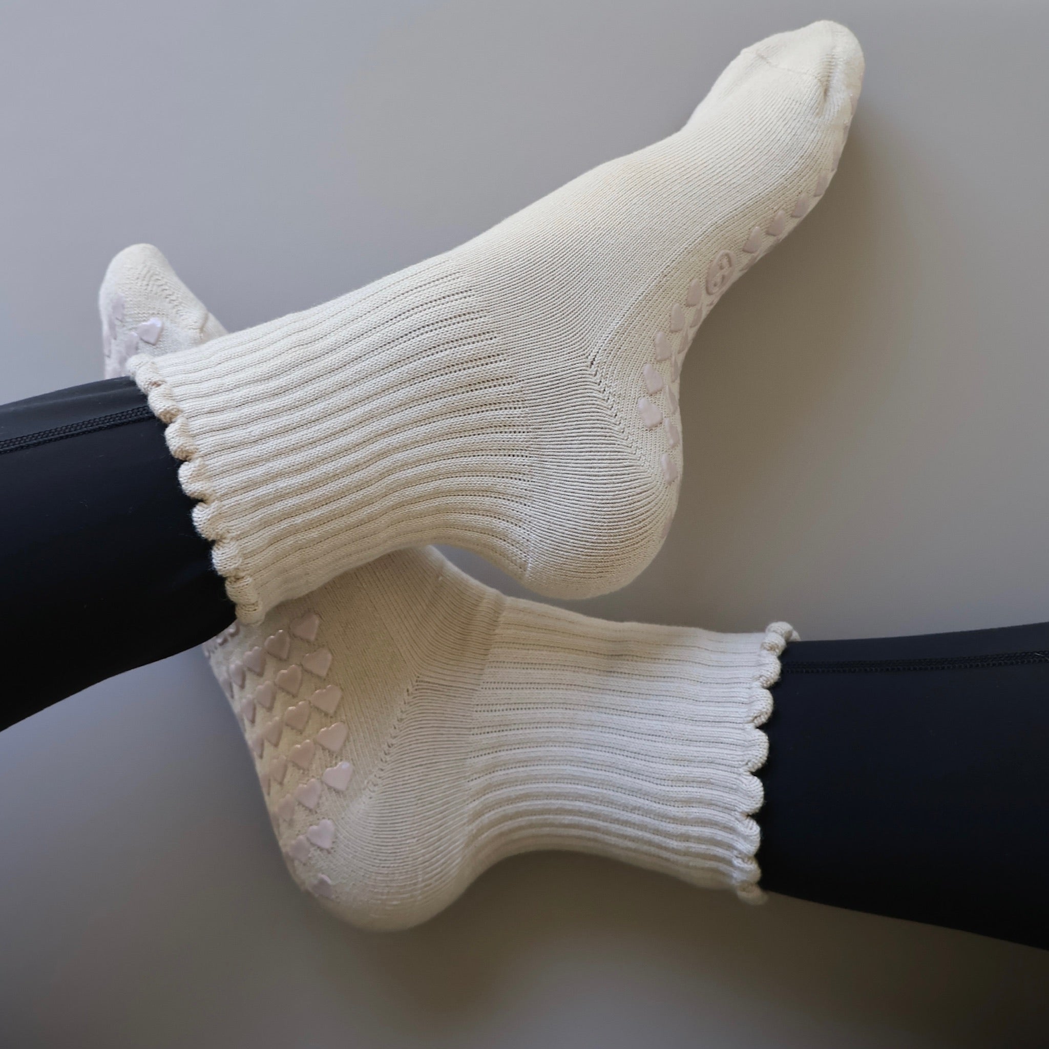 cream ruffle pilates barre yoga grip sock