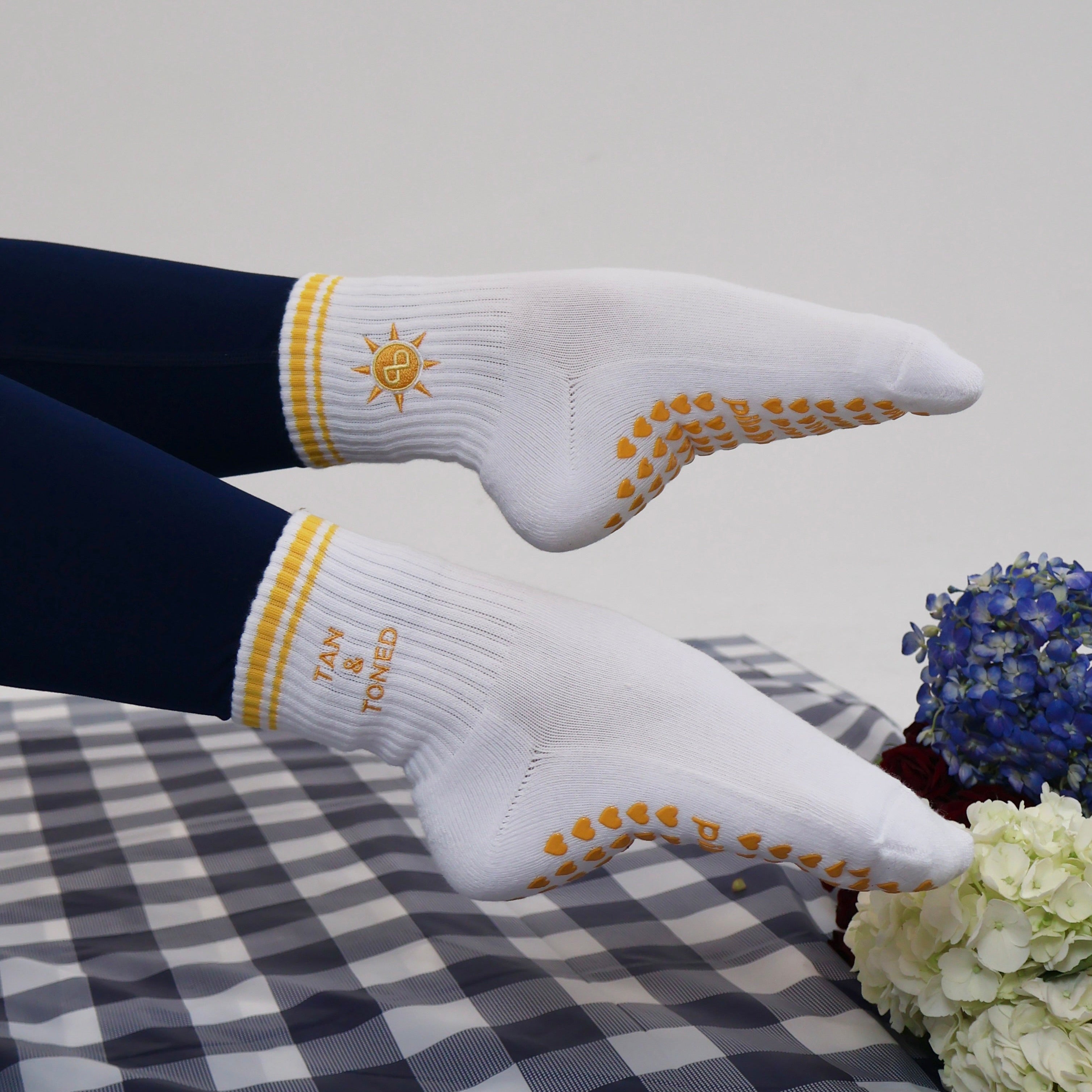 tan and toned grip socks for pilates